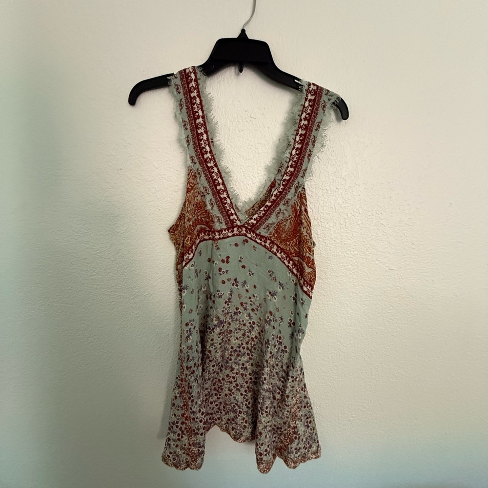 Free People Floral V-Neck Mini Dress - Red and Green